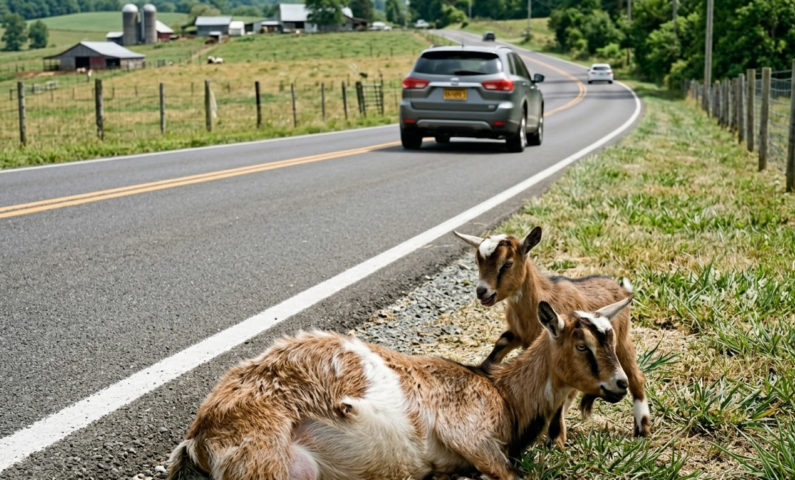 Heartbreaking Footage: A Loyal Baby Goat Refuses to Leave Its Injured Mother’s Side by a Busy Highway