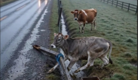 Young Calf Trapped In A Roadside Ditch While Its Mother Watches Helplessly